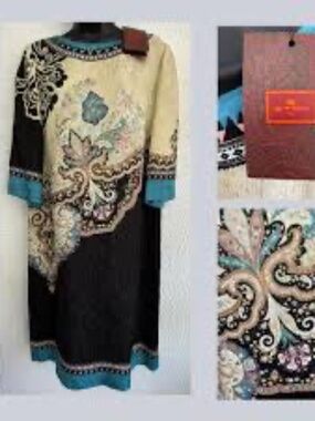 Etro Cream, Black & Teal Paisley-Panel Mini Dress